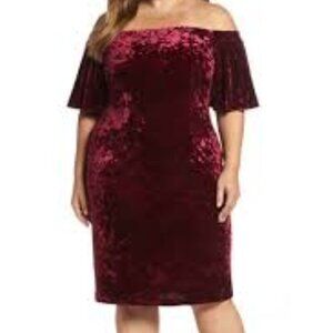 Eliza J Maroon Crushed Velvet Off the Shoulder Sheath Dress 20W